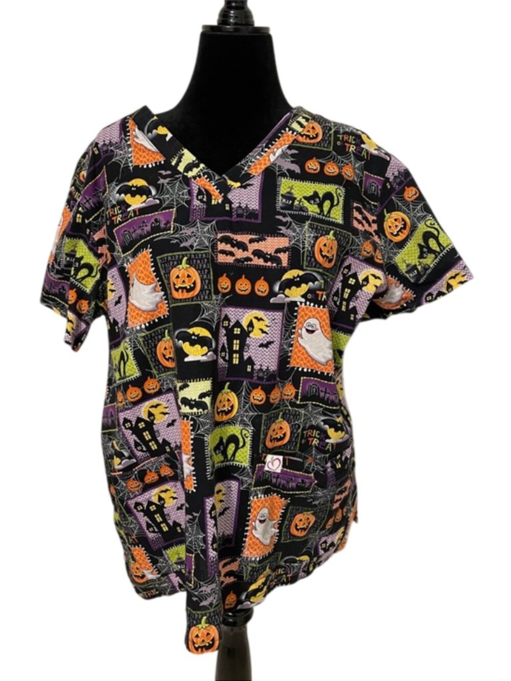 Peaches Uniforms Halloween Scrub Top 2XL Ghost Pumpkin Bat Patchwork Cotton